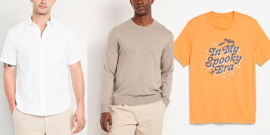 mean wearing white and tan tops and orange halloween tee