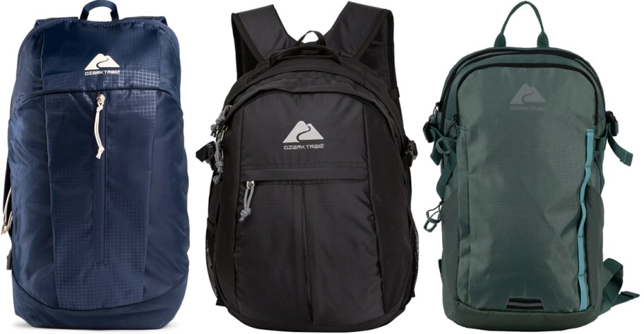 blue, black, and green ozark trail hiking backpacks
