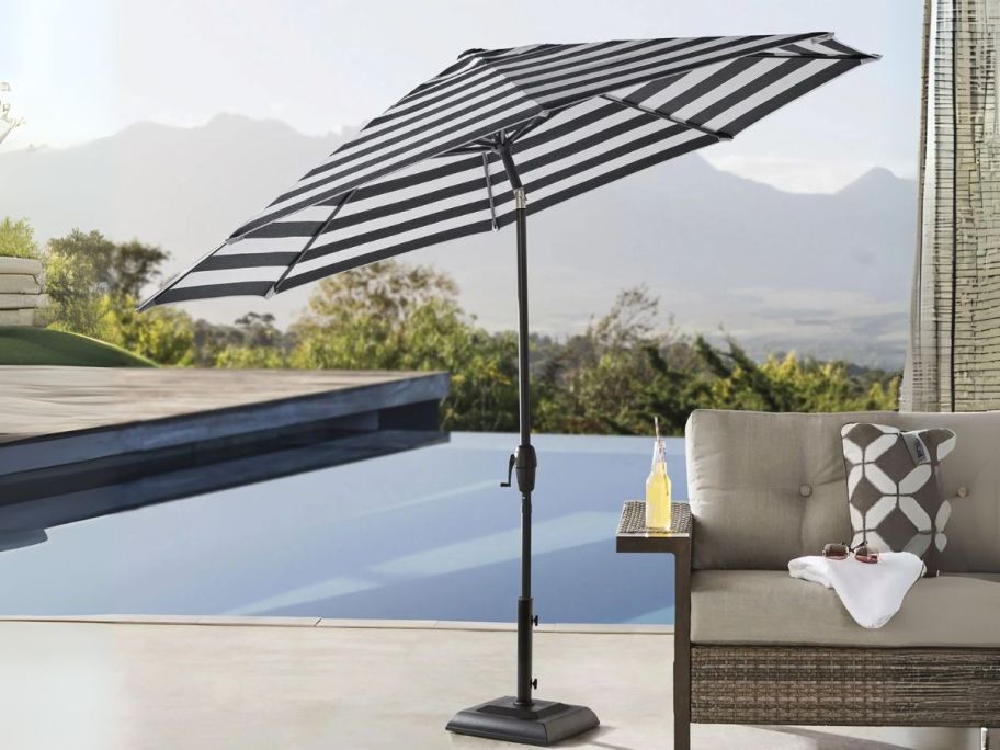 black and white Market Umbrella on patio