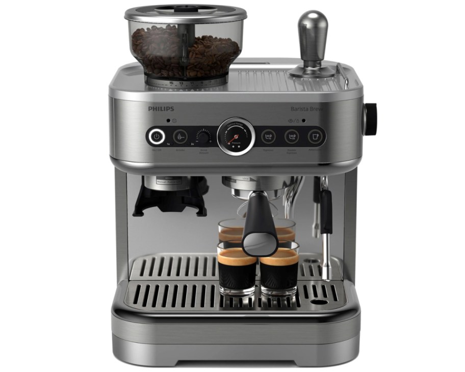 stainless steel silver espresso machine with two shots