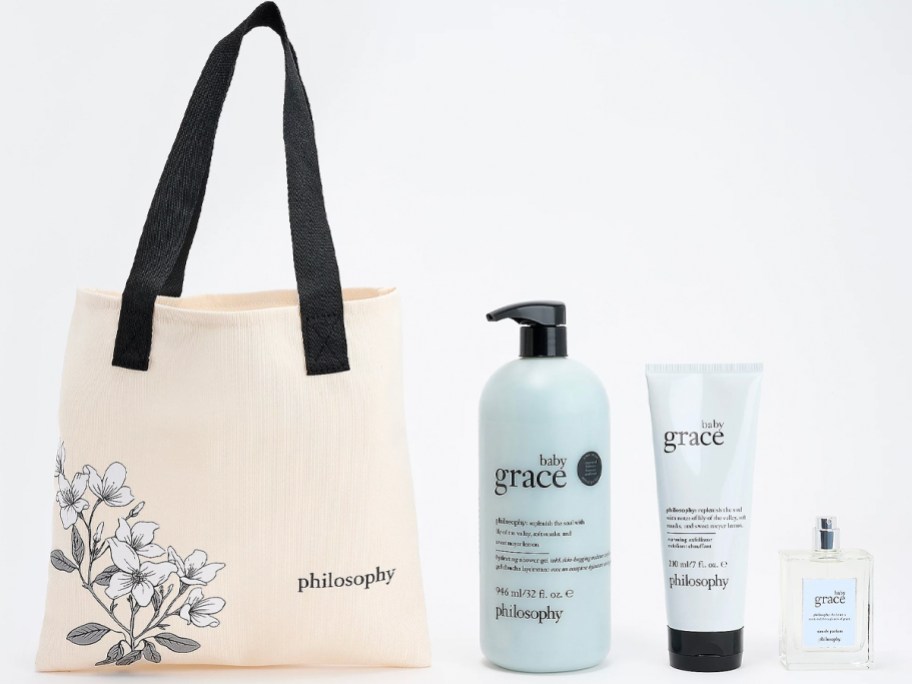 floral tote, shower gel, exfoliator and fragrance bottle