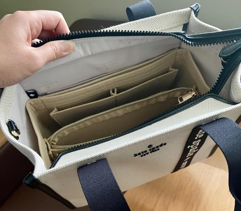 beige purse organizer inside a tote bag