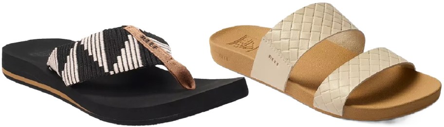 Two sandals on a white background. The left sandal has a black and beige woven strap over a black sole. The right is a beige slide with a woven pattern.