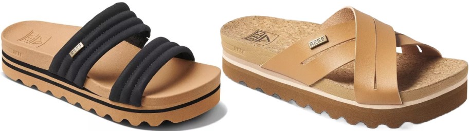 Two pairs of sandals: one tan with black padded straps and a thick sole, and the other with tan leather crisscross straps and a cork footbed.