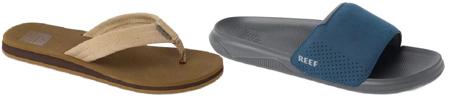 A beige flip-flop with a textured strap sits beside a gray slide sandal with a blue strap.