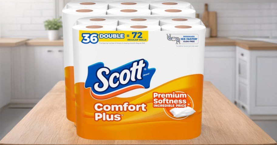 packs of scott toilet paper on a kitchen counter