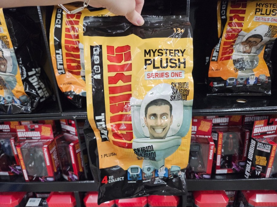 hand holding a Skibidi Toilet toy mystery plush bag