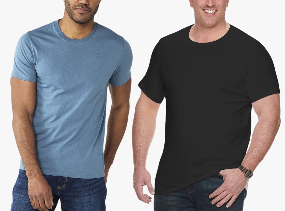 two men wear short sleeve crew neck tees