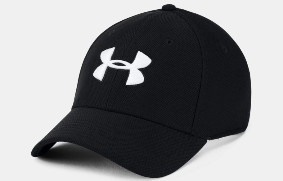 a black under armour hat with white logo