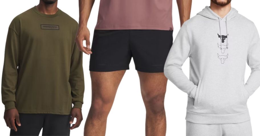three men wearing under armour project rock tops and shorts