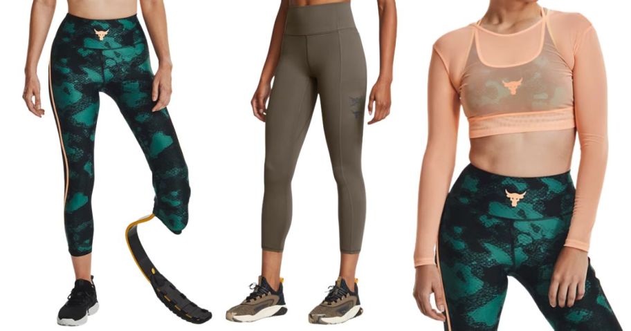 three women wearing under armour project rock leggings and top