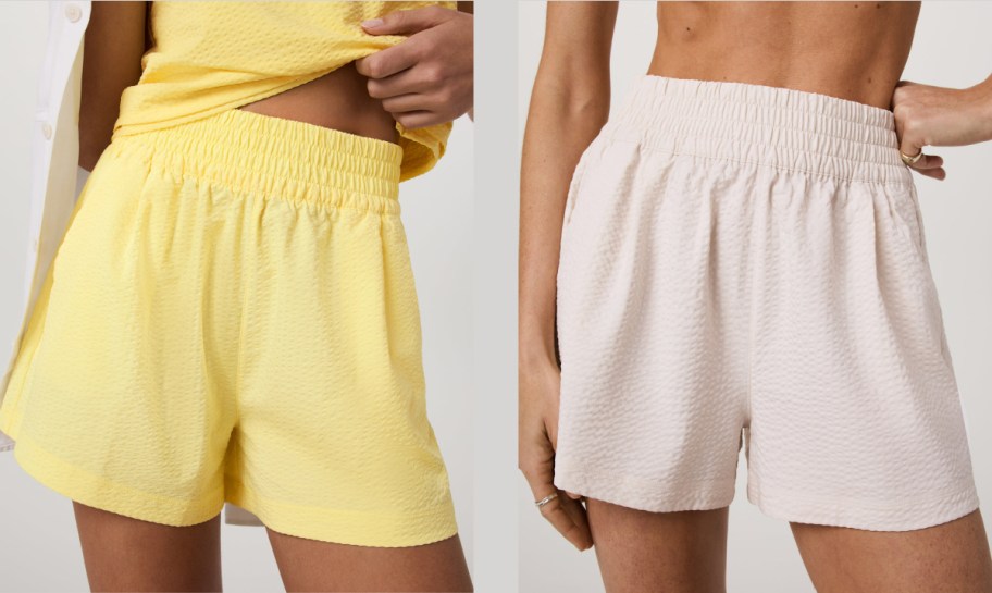 Two women wearing Vuori shorts.