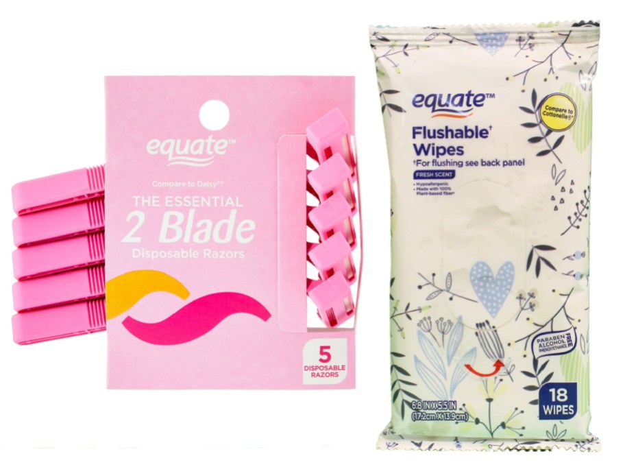pink razors and flushable wipes