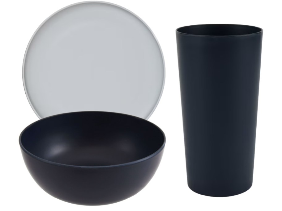 black bowl and grey plate and black drink cup