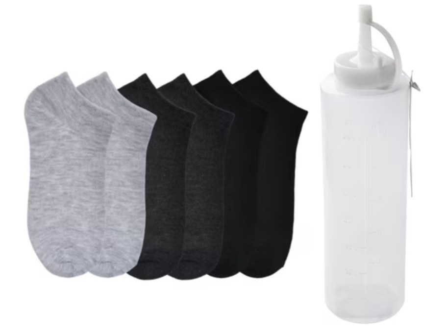 black socks and squeeze bottle