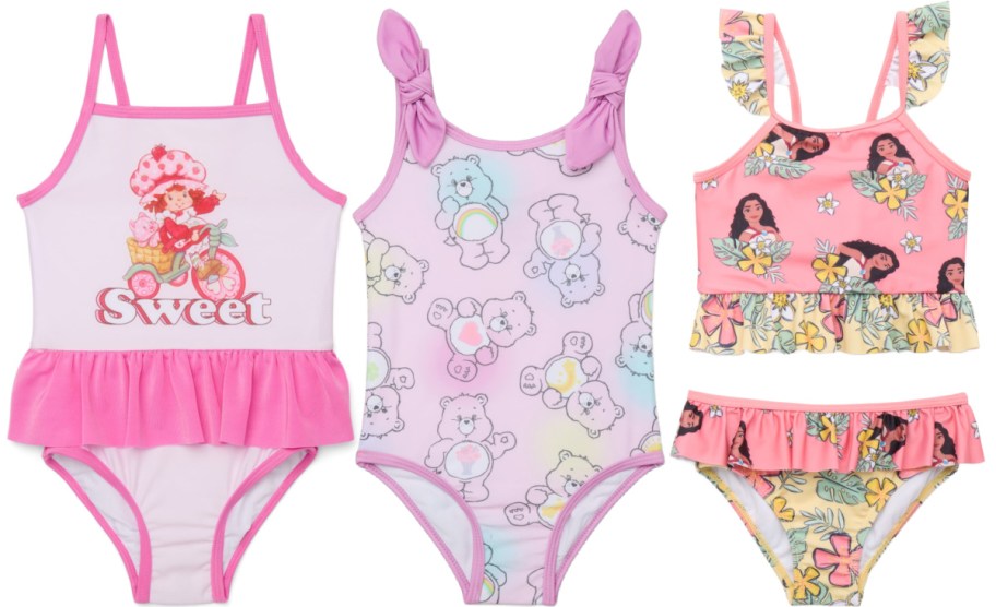 Three various girls chacacter swimsuits from Walmart.