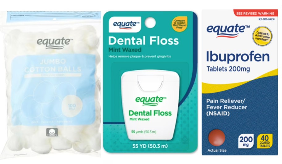 cotton balls, floww, and ibuprofen