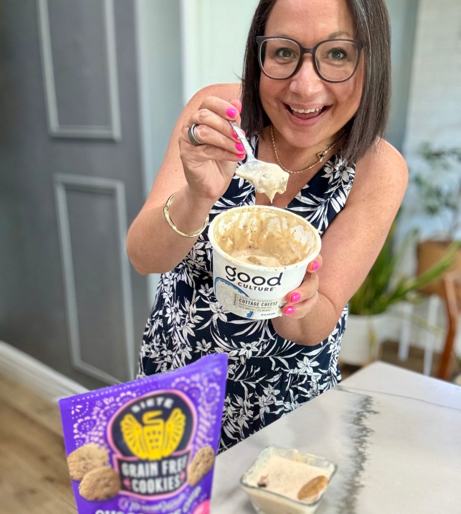woman holding peanut butter mousse 