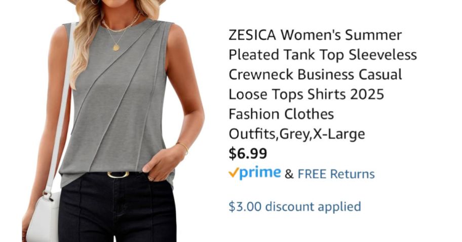 woman wearing gray tank top next to Amazon pricing information
