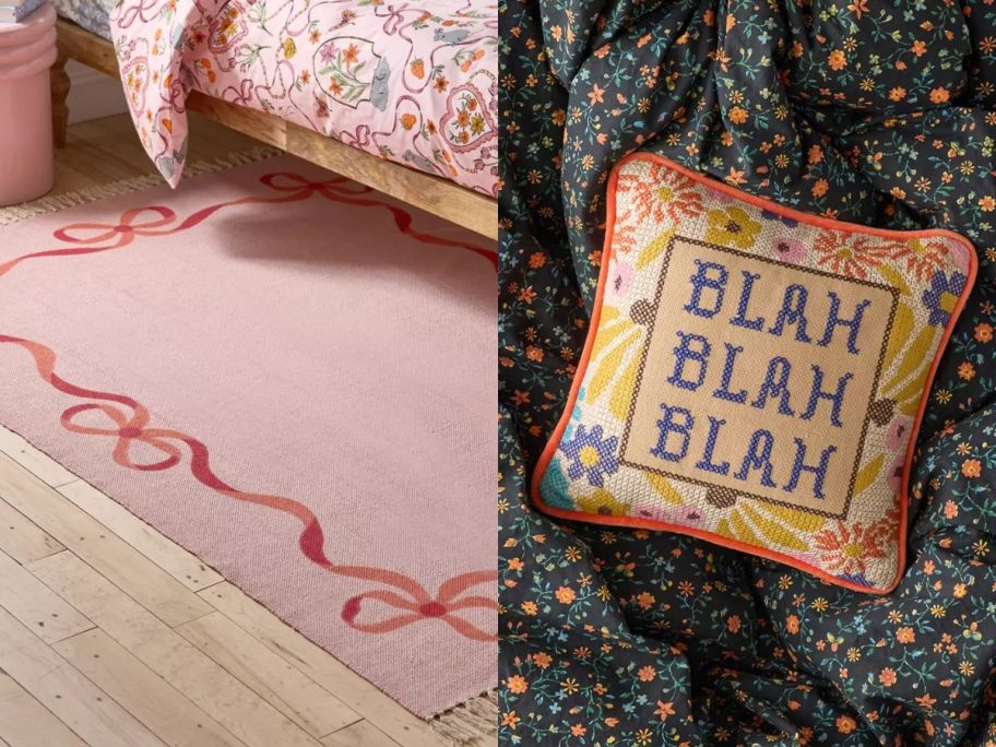 a pink rug with bows and a crocheted throw pillow that says "blah blah blah"