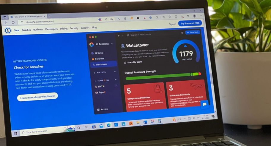 laptop opened up with 1password screen shown.