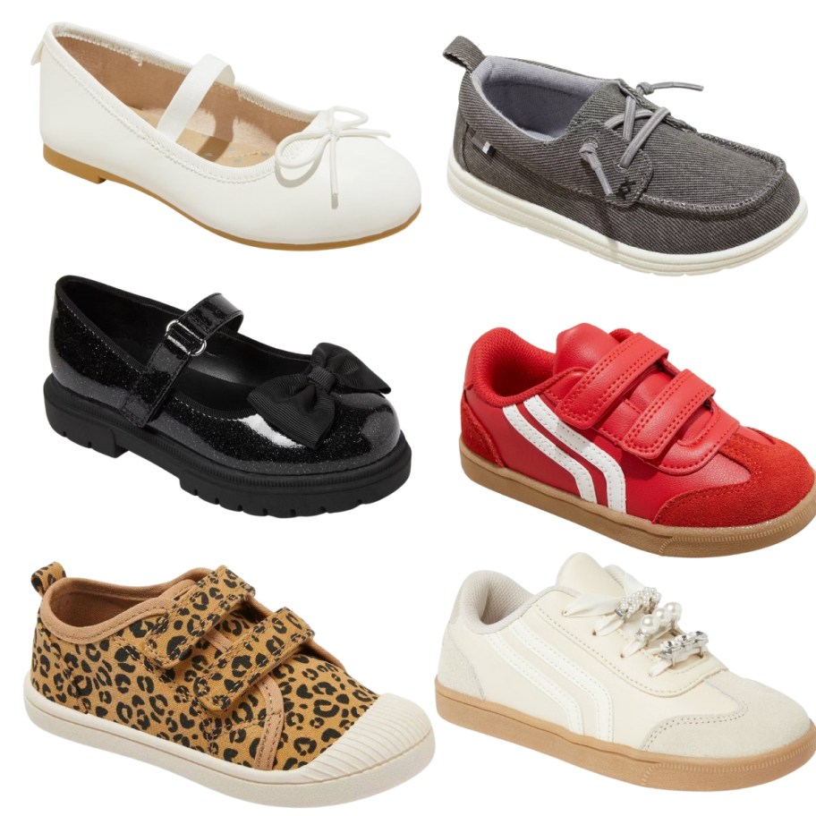 kids ballet flats, mary janes, and different styles of sneaker shoes