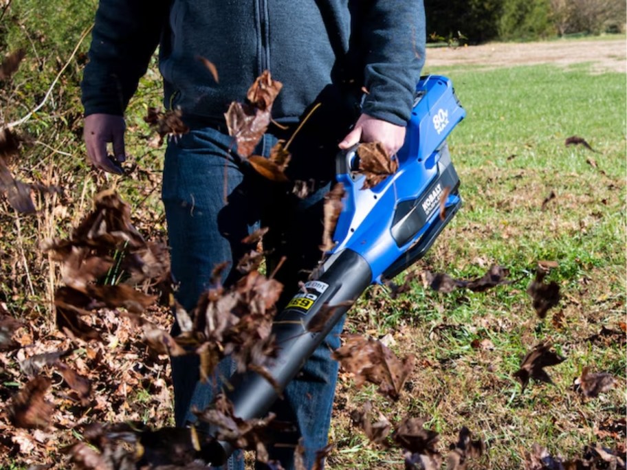 a man using a Kobalt leaf blower