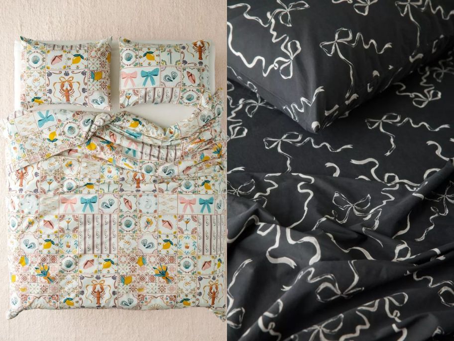 a bed with a multi color duvet cover set and a set of black and white bow sheets on a bed