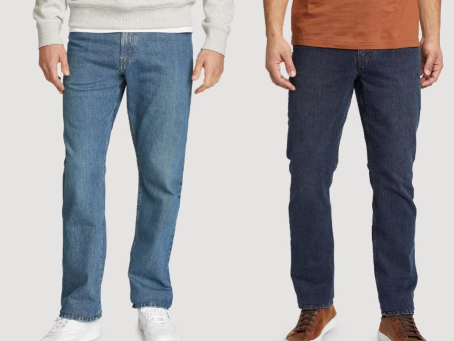 two men wearing different styles of jeans
