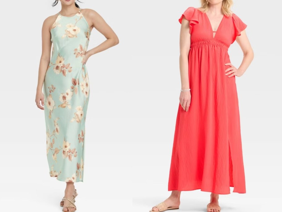 two women wearing different styles of dresses