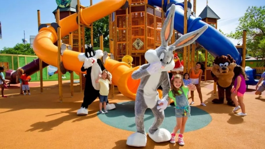 image with kids and looney tunes characters at an amusement park