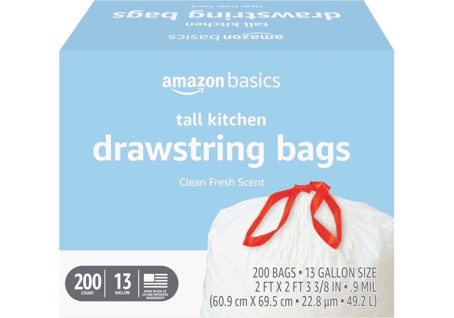 large box of Amazon Basics 13-Gallon Trash Bags