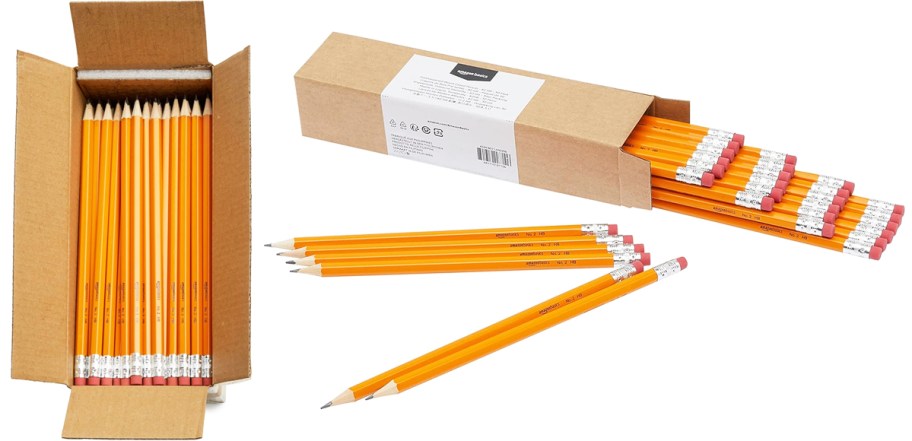 boxes of yellow Amazon Basics Pencils