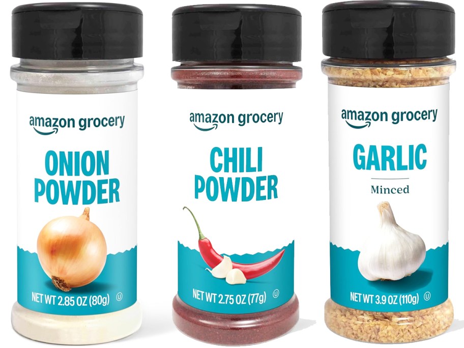 bottles of amazon grocery onion powder, chili powder, and garlic spices