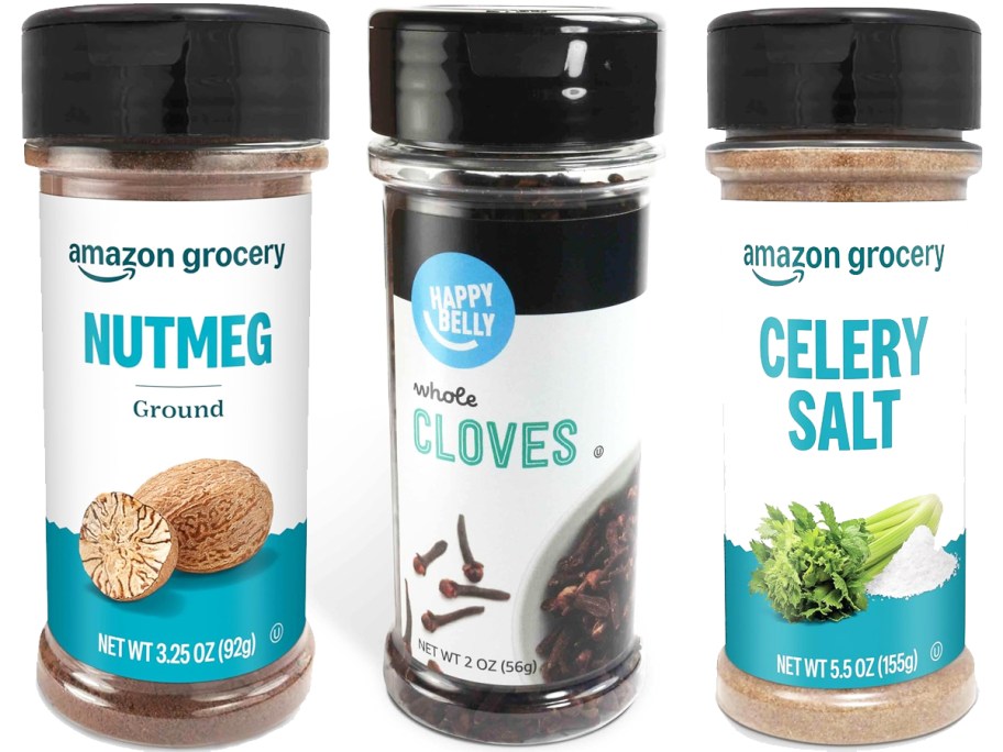 bottles of nutmeg, cloves, and celery salt spices