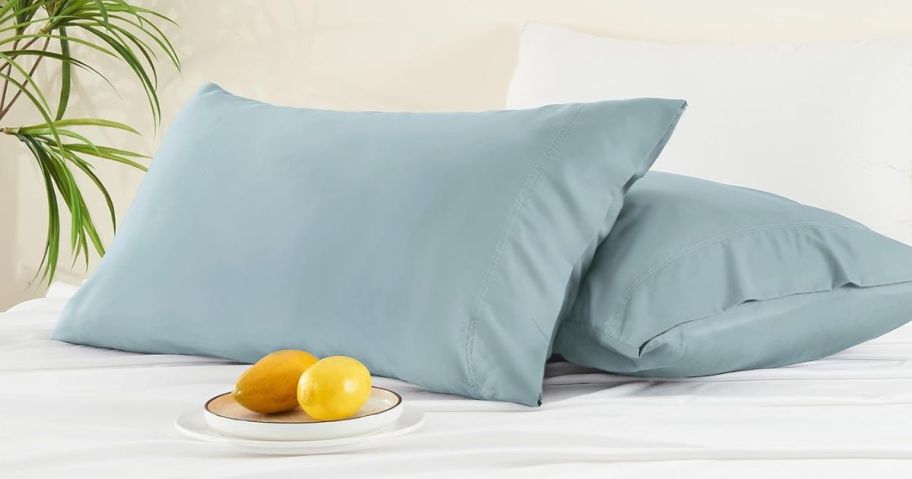 two pillows with blue pillowcases on them on bed