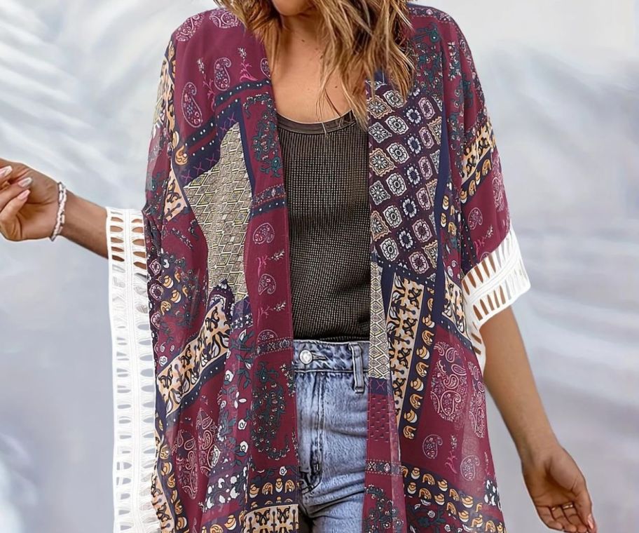 woman wearing colorful patterned kimono