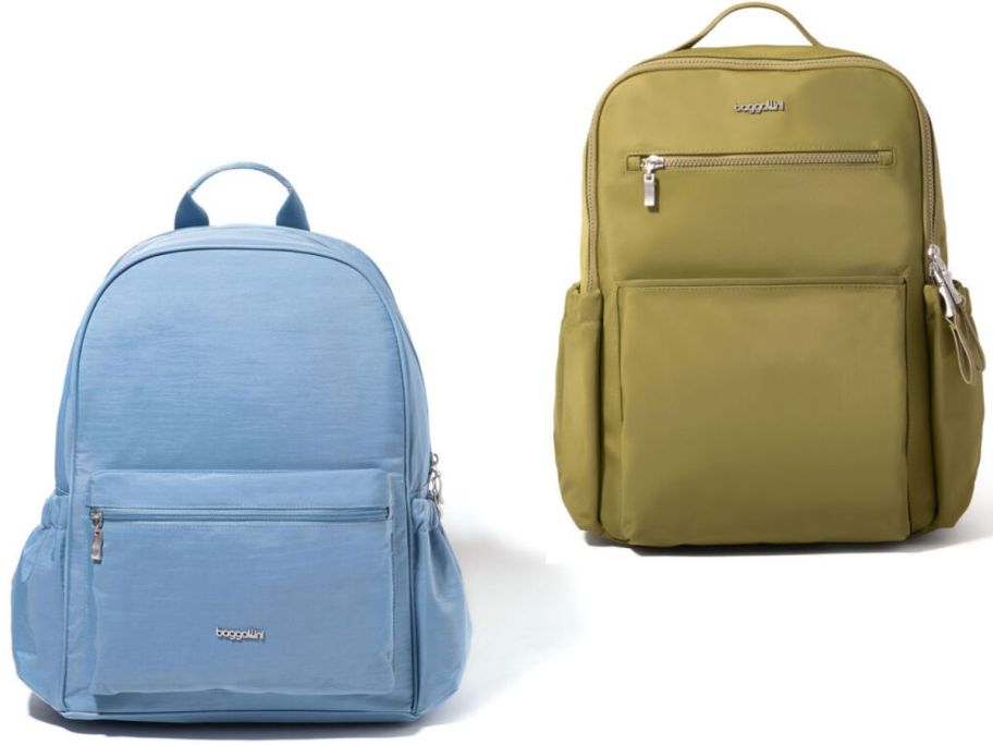 Stock images of blue and green baggallini backpacks