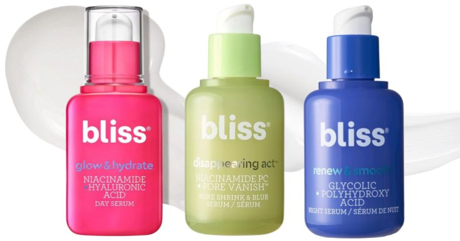 3 bottles of Bliss serum in pink, green, and blue respectively