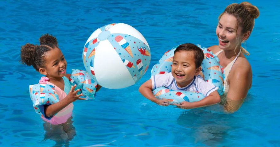family using Bluescape Inflatable Sweets Swim Set in pool