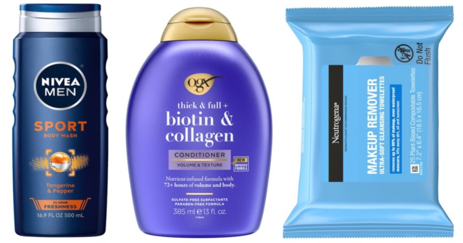 body wash, conditioner and face wipes