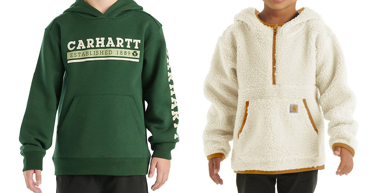 Young boy wearing green Carhartt hoodie and young girl wearing white fleece Carhart sweatshirt