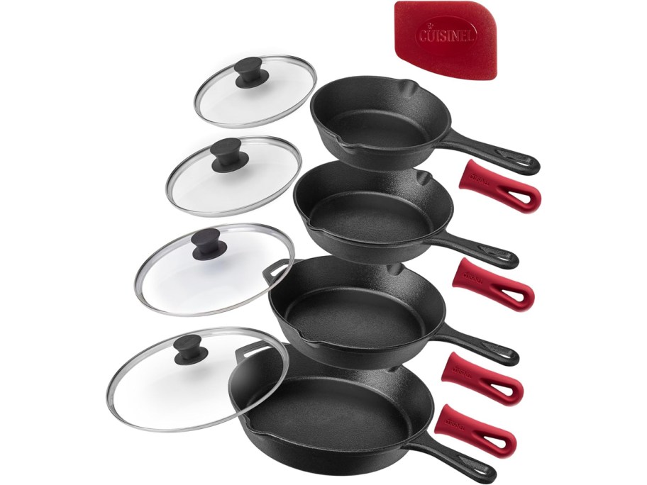Cuisinel 6in + 8in + 10+12in Cast Iron Skillets Set + Glass Lids + Silicone Handle Grips - Pre-Seasoned Frying Pan