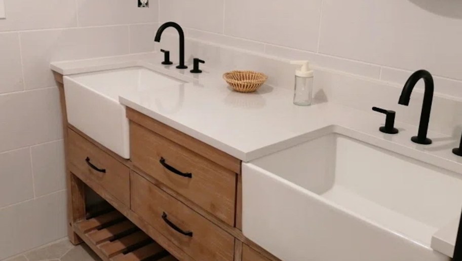 double farmhouse vanity in bathroom