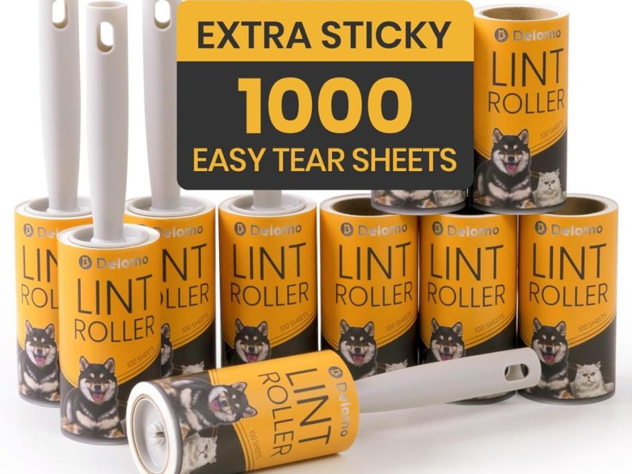 Several rolls of lint rollers with refills in front of a box