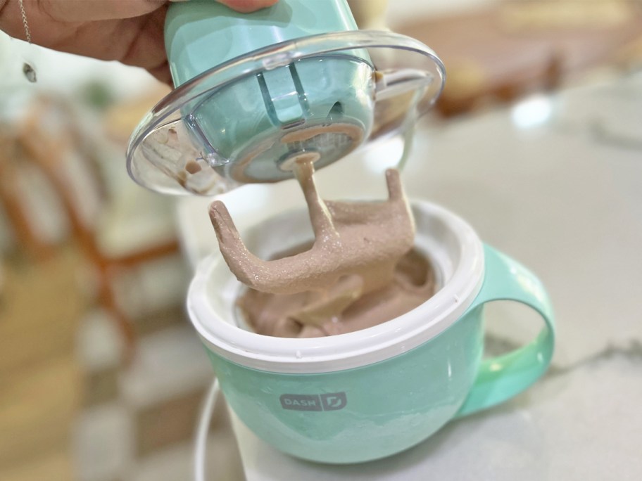 lifting paddle to a mini ice cream maker