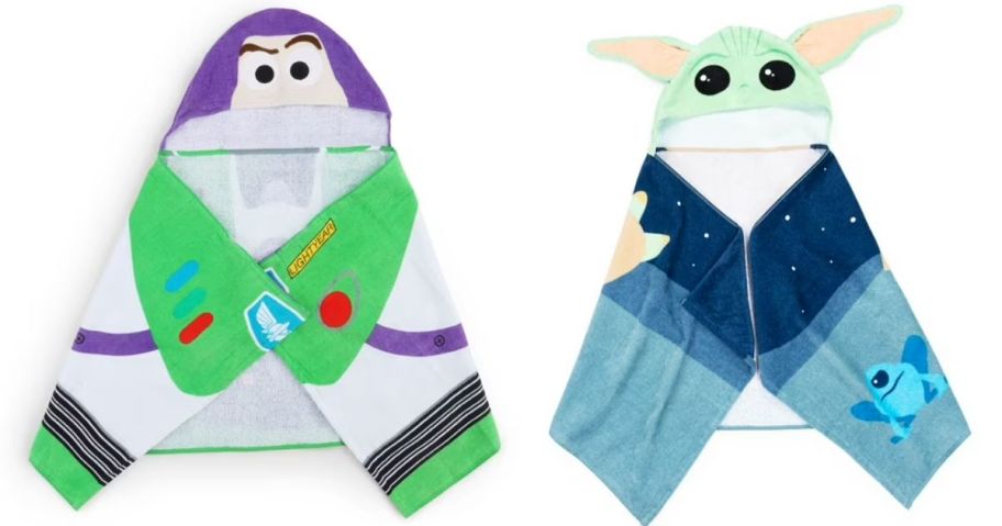 stock images of Buzz Lightyear and Baby Yoda Hooded Towels