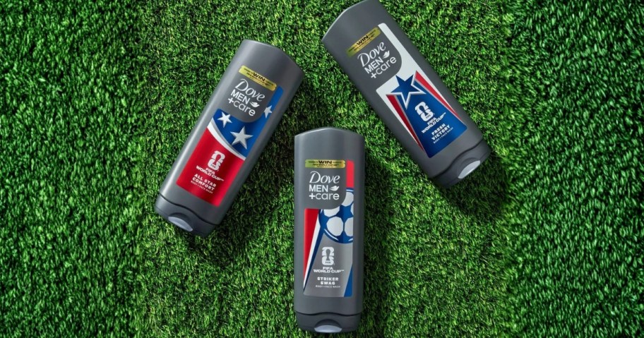 3 bottles of fifa men's dove body wash on turf grass