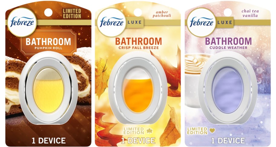 three Febreze Bathroom Air Fresheners in fall scents