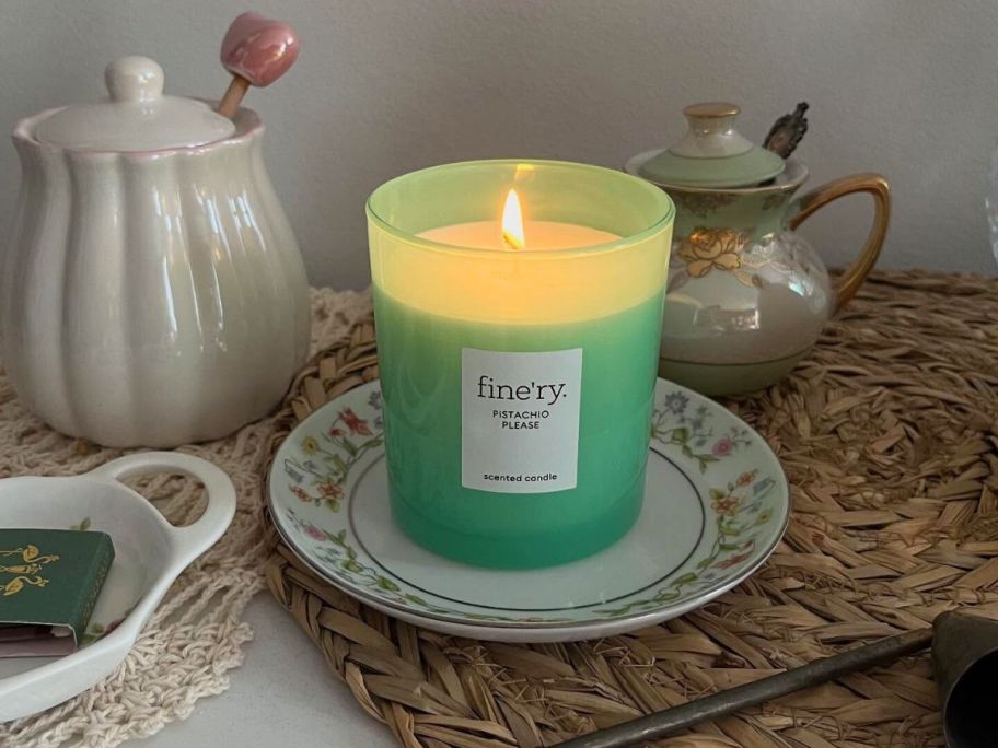 A Fine'ry Pistachio Please Candle on a plate